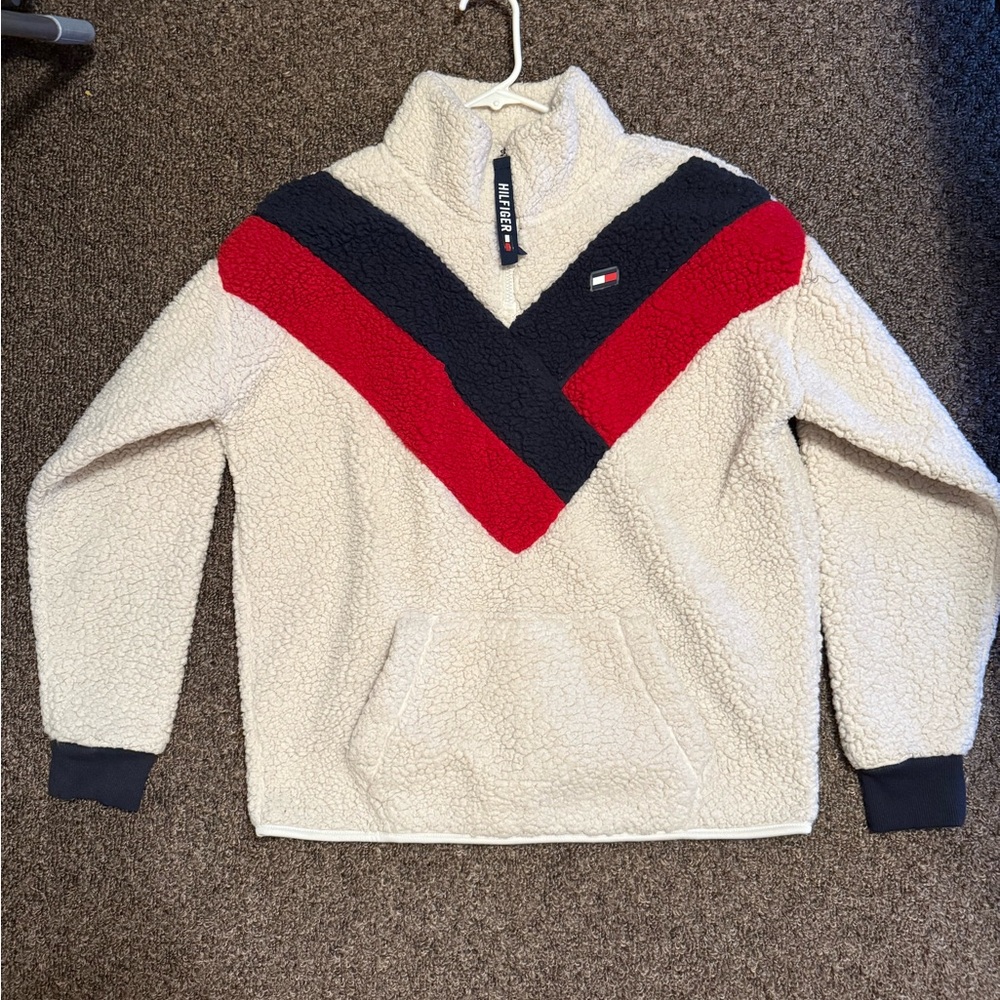 Tommy Hilfiger Men's Zip-Up Sweater in Cream, Red, and Black